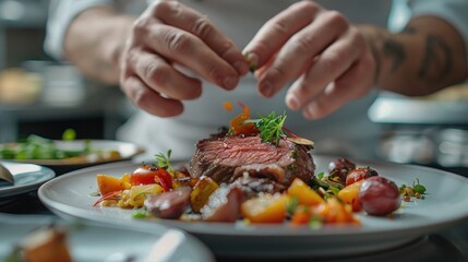 Close-up of hands carefully plating a beautifully cooked dish on a white plate. The focus is on the meticulous arrangement of food, with colorful vegetables and a piece of succulent meat. The