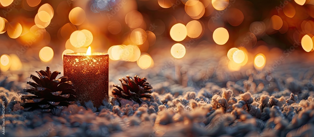 Leinwandbilder Holiday decorations with a shiny pine cone and a candle on a fluffy carpet against a backdrop of bokeh lights creating a warm festive atmosphere with room for a copy space image