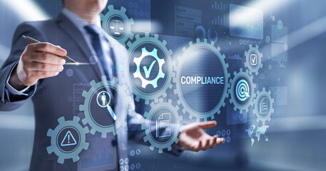 Compliance concept with icons and text. Regulations, law, standards, requirements, audit diagram on virtual screen.