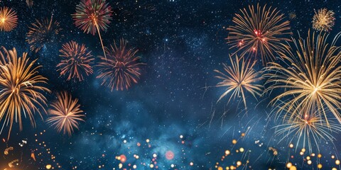 Fototapeta premium : Vibrant New Year's Eve 2025 Celebration Panorama: Dazzling Fireworks Display Against Rustic Deep Blue Night Sky. Creative Festive Banner for Web Design, Wallpapers, and High-Resolution Backgrounds.