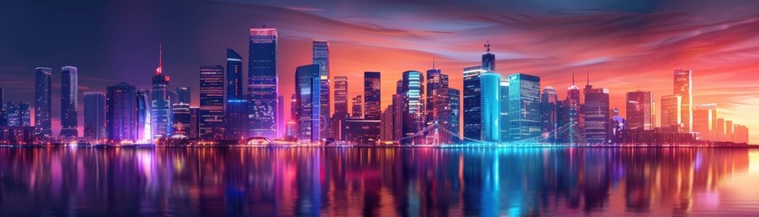 Fototapeta premium A city skyline with a blue sky and clouds. The buildings are tall and the sky is clear