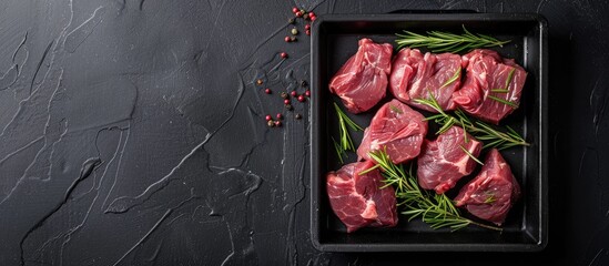 Top view of fresh game meat raw wild hare slices in a steel tray with herbs on black background Incorporates copy space image