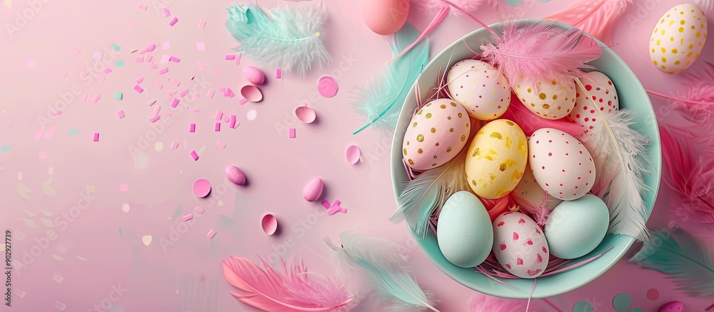 Aufkleber Top view of a white bowl holding Easter eggs and feathers against a bright background with copy space for an image