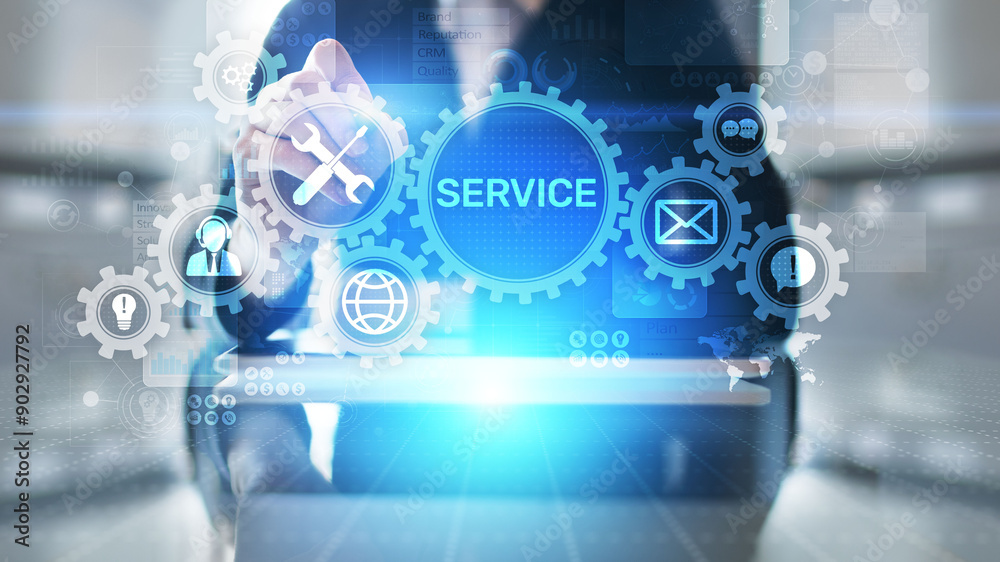 Poster Service support customer help call center Business technology button on virtual screen.