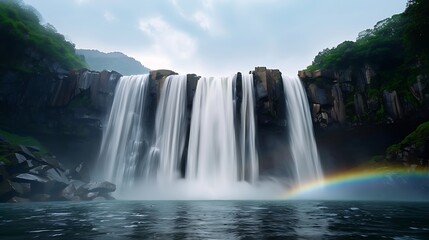 Fototapeta premium Close-up of a stunning waterfall with sunlight creating a rainbow in the mist, more clarity with clear light and sharp focus, high detailed