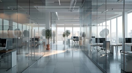 Modern Office Interior with Glass Walls.