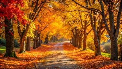 Fototapeta premium Golden Path Through Crimson Canopy Generative AI