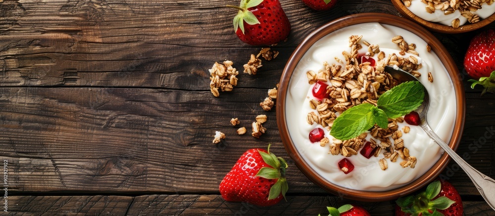 Poster a wooden background with a spoon greek yogurt granola and fresh red strawberries creating a dessert 