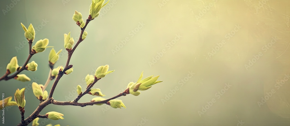 Fototapete Image of a tree branch in spring with fresh green buds against a simple background with ample copy space rendered in a warm and vintage style with a hint of film grain
