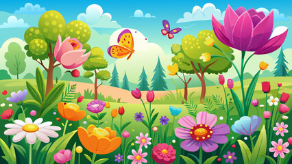 Mother's Day background with a spring meadow full of colorful flowers and butterflies.