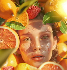 Vitamin C Skin Glow 3D Rendering with Citrus Fruits and Berries in a Luxurious Healthy Advertisement Setting