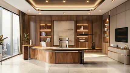 Modern Luxury Office Interior Design with Wooden Desk and City View.