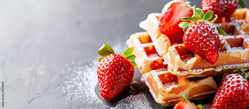Aufkleber Selective focus on waffles topped with fresh strawberries in a copy space image