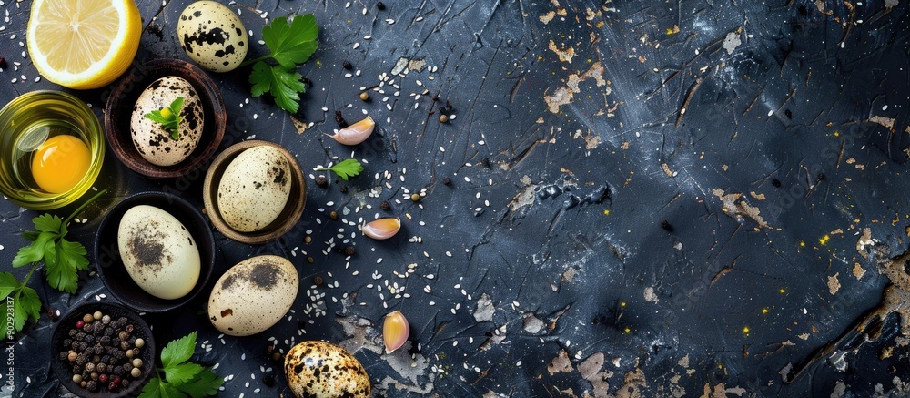 Poster food concept featuring quail eggs lemon sesame and spices on a rustic dark surface with available co