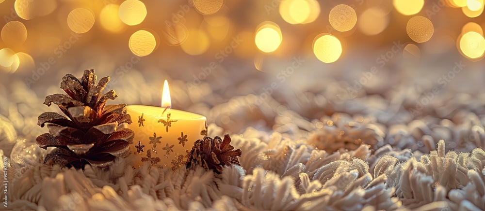 Poster Holiday decorations with a shiny pine cone and a candle on a fluffy carpet against a backdrop of bokeh lights creating a warm festive atmosphere with room for a copy space image