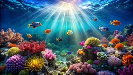 Obraz premium Sunbeams Through the Coral Reef AI generated