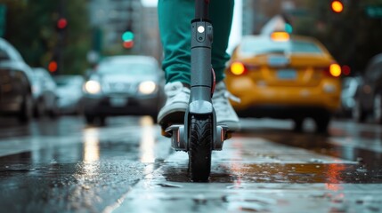 A close-up shot of an electric scooter on a rain-soaked urban street crosswalk, with blurred...