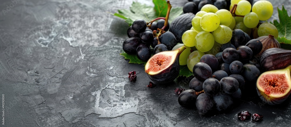 Poster fresh autumn fruits such as black and green grapes figs and leaves displayed on a grey table with a 