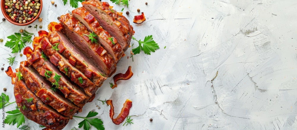 Aufkleber sliced roast beef meatloaf with bacon and spices on a white background in a top view ideal for a cop