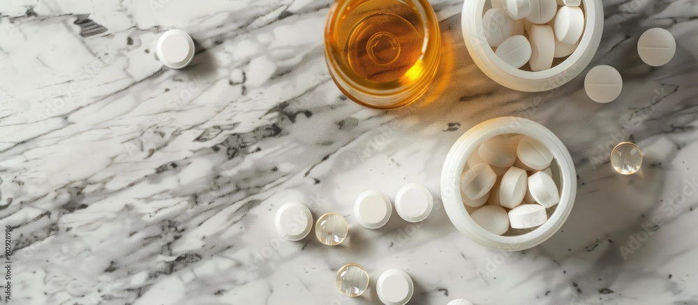 Aufkleber pain relief medication in liquid and tablet form with copy space image