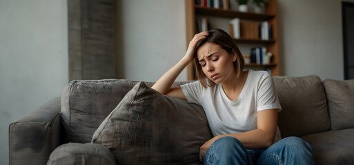 Obraz premium Woman feels dizzy and sits down on the couch, blank advertisement banner background with copy space
