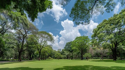 A vibrant green lawn stretches under a clear blue sky adorned with fluffy white clouds, showcasing neatly mowed grass and trees lining the landscape