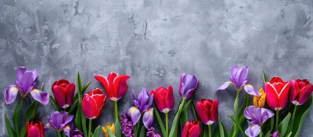 Poster a gray backdrop with vivid tulips and irises creates a charming copy space image for spring