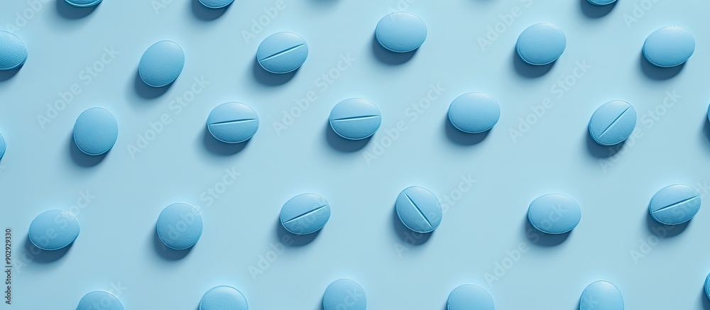 Poster a variety of blue pills arranged on a light blue backdrop leaving room for text in a copy space imag