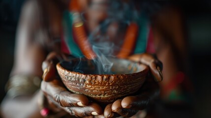 Naklejka premium A pair of hands holding a smoky wooden bowl filled with burning incense, representing ritualistic practices, spirituality, and the calming effect of aromatic smokes.