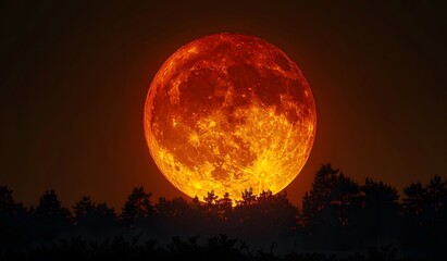 Full red moon in the sky with silhouette of trees, yellow orange light from full pink harvest supermoon in dark night sky, hyper realistic photo