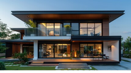 Obraz premium Modern Residential Home With Large Windows and Outdoor Space at Dusk