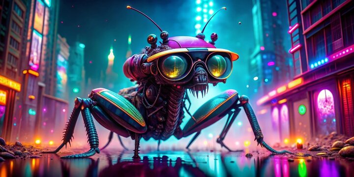 Cyberpunk Mantis in a Neon City