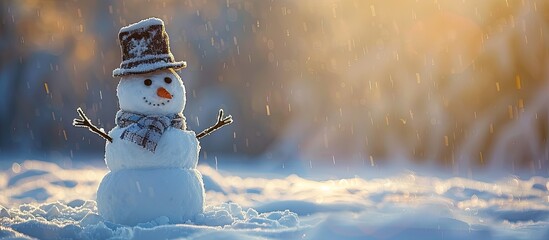 Obraz premium A single snowman wearing a hat standing on snow during winter creating a festive backdrop with a comical winter character for a Christmas card offering room for text or images. Creative banner