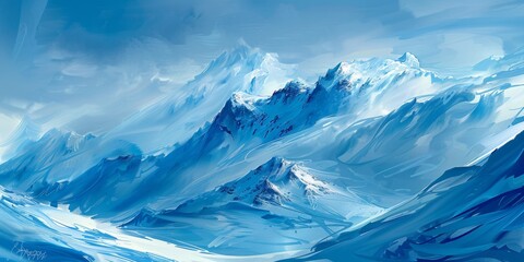 Obraz premium Serene Winter Landscape: Abstract Digital Painting of Snow-Capped Mountains in Ethereal Blue Tones. Panoramic Artistic Concept for Posters, Banners, and High-Resolution Wallpapers. Creative Marketing 