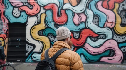 A person with a backpack and a beanie stands facing a brightly colored graffiti wall covered with abstract, wavy designs, depicting creativity and urban culture in an outdoor setting.