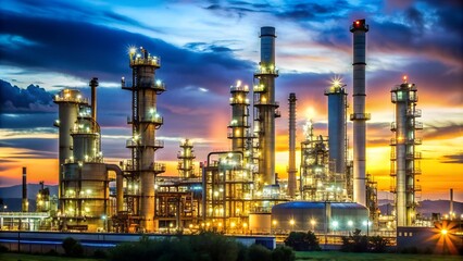 Obraz premium Glowing Towers of Industry: A Nighttime View of an Oil Refinery AI generated