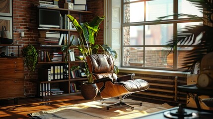 Modern Interior Design with Brown Leather Chair and Sunlight.