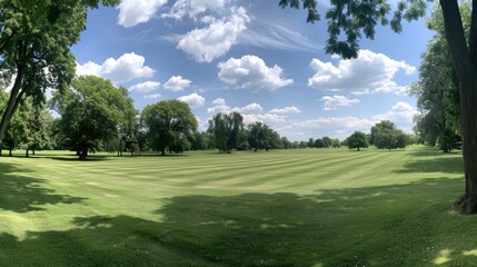 A vibrant green lawn stretches under a clear blue sky adorned with fluffy white clouds, showcasing neatly mowed grass and trees lining the landscape