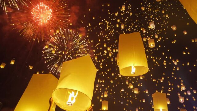 Thai people release sky floating lanterns or lamp to worship Buddha's relics at night. Traditional festival in Chiang mai, Thailand. Loy krathong