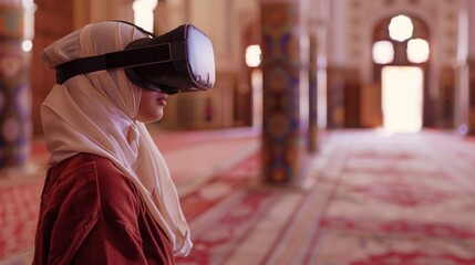 Fototapeta premium A woman wearing a virtual reality headset experiences immersive technology inside a historic mosque.