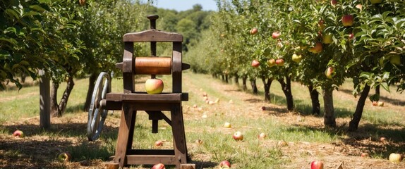 A vintage apple press in an orchard, surrounded by fresh apples on the ground, capturing the essence of harvest season.