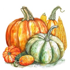 Vibrant Autumn Harvest: Hand-drawn Watercolor Pumpkin Illustration for Farm-to-Table Celebration