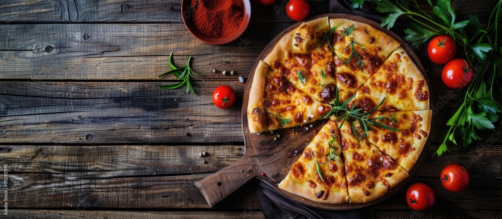 Poster georgian khachapuri with tomatoes and paprika displayed from a top view on a wooden background with 