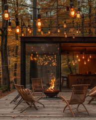a modern house in the forest with a bonfire