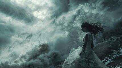 Obraz premium Woman in White Dress Faces Stormy Ocean: A Tale of Strength and Resilience