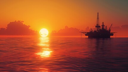 Obraz premium sunset oil rig silhouette , oil rig sunset silhouette , silhouette oil rig sunset , picturesque oil rig silhouette at sunset , captivating image of oil rig at sunset