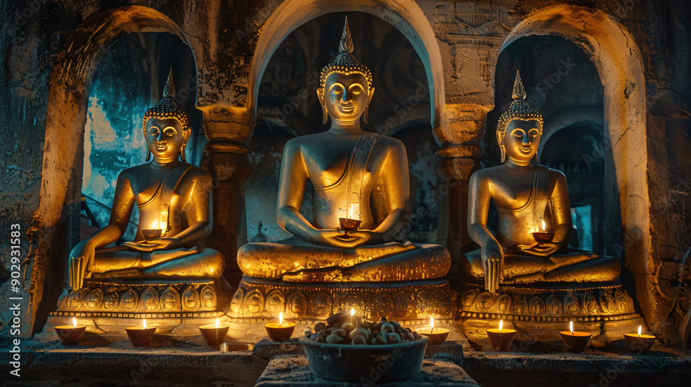 Wall mural three golden buddha statues are illuminated by candles in a buddhist temple