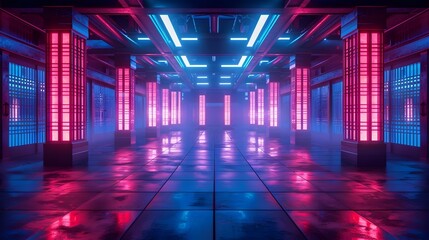 Futuristic Neon Lit Dojo with Advanced Martial Arts in Cyber Backdrop