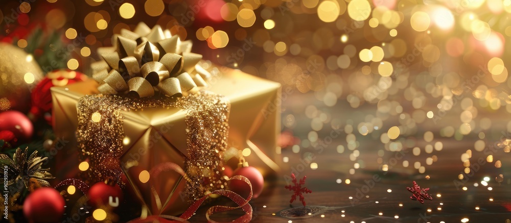 Poster golden gift box with a merry christmas and happy new year theme perfect for background textures with