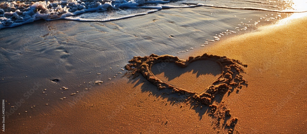 Poster heart symbol drawn in the sand on a beach with copy space image